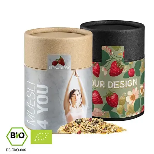 Bio Müsli Erdbeerchen 60g in Pappdose inklusive Druck auf dem Etikett als originelles Werbegeschenk mit Logo