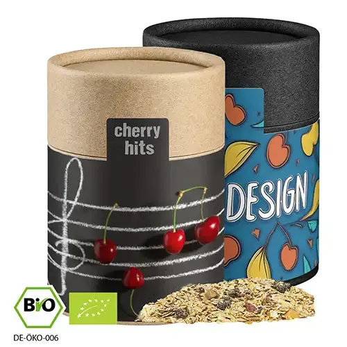 Bio Müsli Sauerkirsche 60g in Pappdose inklusive Druck auf dem Etikett als origineller Werbeartikel mit Logo