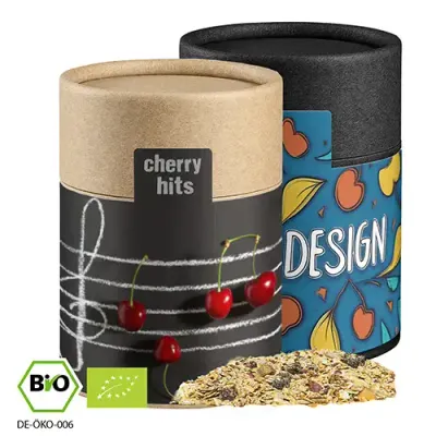 Bio Müsli Sauerkirsche 60g in Pappdose inklusive Druck auf dem Etikett als origineller Werbeartikel mit Logo
