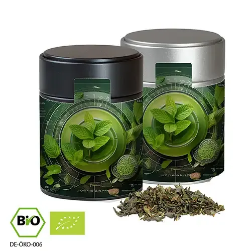 Bio Grüner Tee mit Minze, ca. 35g in Metalldose inklusive Druck auf dem Etikett als hochwertiges Giveaway mit Logo