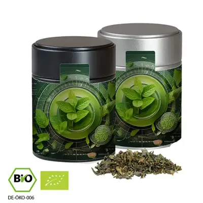 Bio Grüner Tee mit Minze, ca. 35g in Metalldose Bio Grüner Tee mit Minze, ca. 35g in Metalldose inklusive Druck auf dem Etikett als hochwertiges Giveaway mit Logo