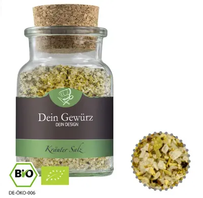 Bio Gewürzmischung Kräutersalz, ca. 80g in Korkenglas Bio Gewürzmischung Kräutersalz, ca. 80g in Korkenglas inklusive Druck auf dem Etikett als hochwertiges Werbegeschenk mit Logo