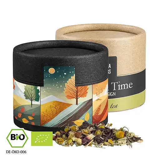 Bio Kräutertee "Vierjahreszeiten", ca. 9g in Pappdose inklusive Druck auf dem Etikett als hochwertiger Werbeartikel mit Logo