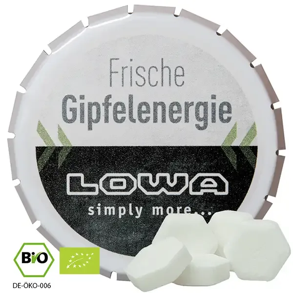 Bio Traubenzucker Orange 20g (Vegan) in Metalldose inklusive Druck auf dem Deckel als hochwertiges Giveaway mit Logo