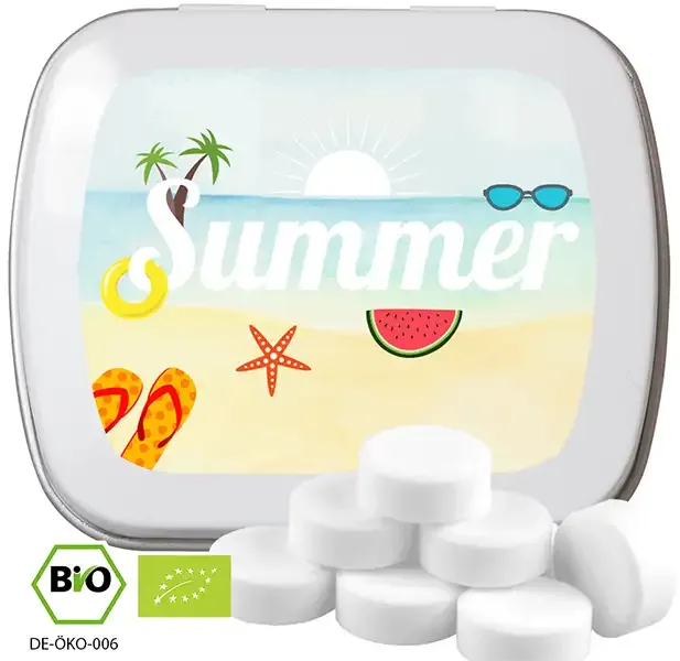 Bio Pfefferminz Drops 20g in Klappdose (Vegan) inklusive Logodruck als Werbeartikel