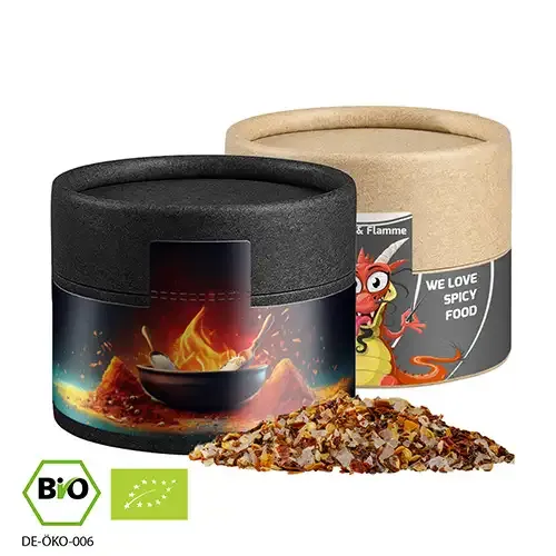 Bio Gewürzmischung Feuer und Flamme, ca. 40g in Pappdose inklusive Druck auf dem Etikett als Werbeartikel mit Logo