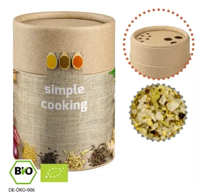 Bio Gewürzmischung Kräutersalz, ca. 80g in Pappstreuer inklusive Druck auf Etikett als hochwertiges Werbegeschenk mit Logo