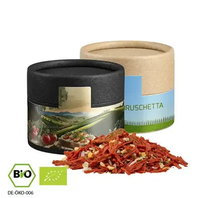 Bio Gewürzmischung Toskanische Bruschetta, ca. 28g Bio Gewürzmischung Toskanische Bruschetta, ca. 28g in Pappdose inklusive Druck auf dem Etikett als hochwertiger Werbeartikel