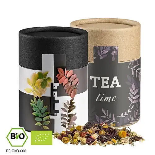 Bio Kräutertee "Vierjahreszeiten", ca. 25g in Pappdose inklusive Druck auf Etikett als hochwertiges Werbegeschenk mit Logo