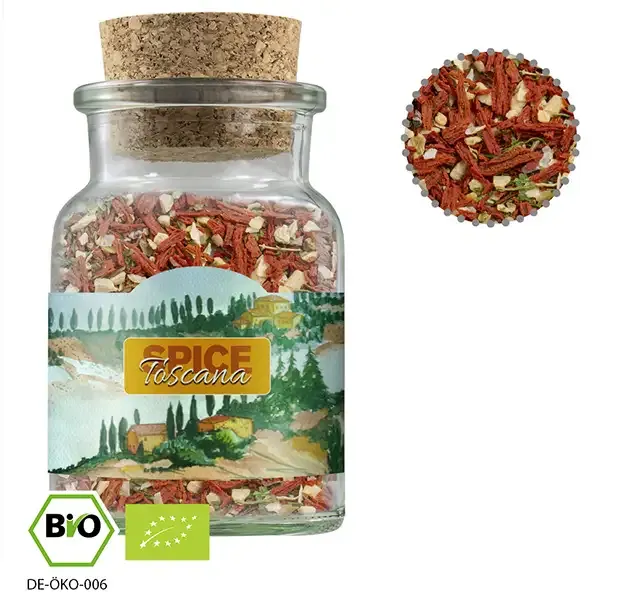 Bio Gewürzmischung Toskanische Bruschetta, ca. 50g  in Korkenglas inklusive Druck auf dem Etikett als Geschenk mit Logo