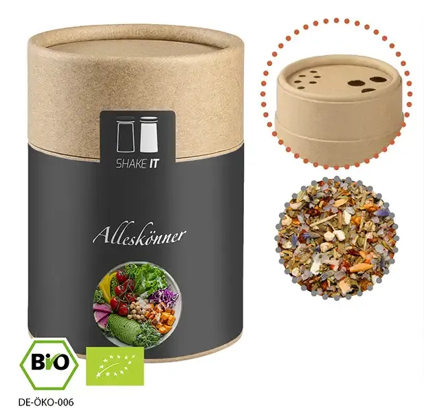 Bio Gewürzmischung Alleskönner, ca. 75g in Pappstreuer inklusive Druck auf dem Etikett als originelles Werbegeschenk mit Logo