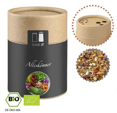 Bio Gewürzmischung Alleskönner, ca. 75g in Pappstreuer inklusive Druck auf dem Etikett als originelles Werbegeschenk mit Logo