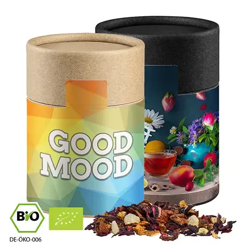 Bio Früchtetee "Gute Laune", ca. 50g in Pappdose inklusive Druck auf dem Etikett als Werbeartikel mit Logo