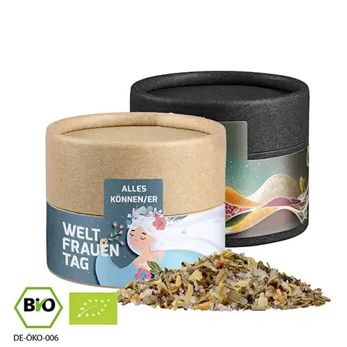 Bio Gewürzmischung Alleskönner, ca. 40g in Pappdose inklusive Druck auf dem Etikett als hochwertiges Werbegeschenk mit Logo