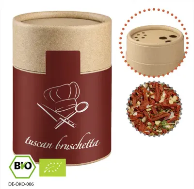 Bio Gewürzmischung Toskanische Bruschetta, ca. 50g in Pappstreuer Bio Gewürzmischung Toskanische Bruschetta, ca. 50g in Pappstreuer inklusive Druck auf dem Etikett als Geschenk mit Logo