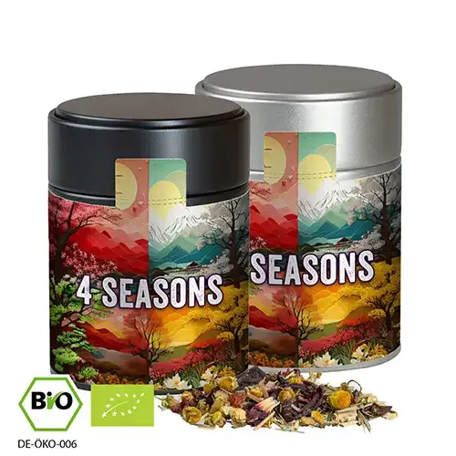 Bio Kräutertee "Vierjahreszeiten", ca. 45g in Metalldose inklusive Druck auf dem Etikett als hochwertiger Werbeartikel