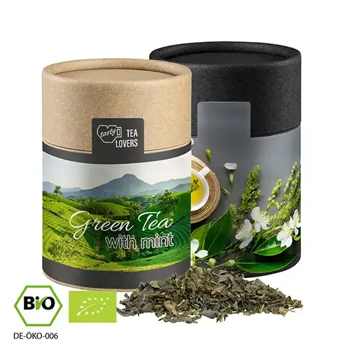 Bio Grüner Tee mit Minze, ca. 30g in Pappdose inklusive Druck auf dem Etikett als hochwertiger Werbeartikel mit Logo