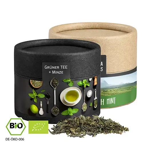 Bio Grüner Tee mit Minze, ca. 10g in Pappdose inklusive Druck auf dem Etikett als hochwertiger Werbeartikel mit Logo