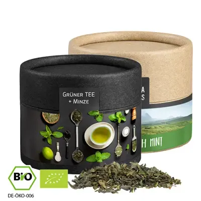 Bio Grüner Tee mit Minze, ca. 10g Bio Grüner Tee mit Minze, ca. 10g in Pappdose inklusive Druck auf dem Etikett als hochwertiger Werbeartikel mit Logo