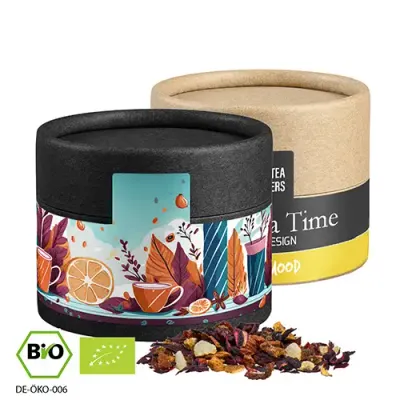 Bio Früchtetee "Gute Laune", ca. 18g in Pappdose inklusive Druck auf dem Etikett als hochwertiger Werbeartikel mit Logo
