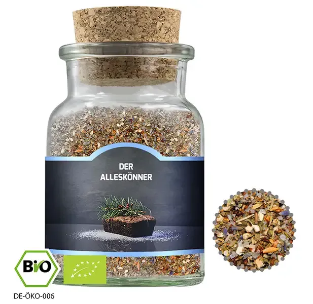 Bio Gewürzmischung Alleskönner, ca. 75g in Korkenglas inklusive Druck auf dem Etikett also hochwertiger Werbeartikel mit Logo