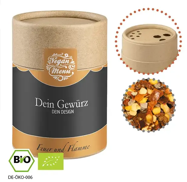 Bio Gewürzmischung Feuer und Flamme, ca. 75g in Pappstreuer inklusive Druck auf dem Etikett als hochwertiges Werbegeschenk