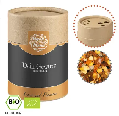 Bio Gewürzmischung Feuer und Flamme, ca. 75g in Pappstreuer inklusive Druck auf dem Etikett als hochwertiges Werbegeschenk