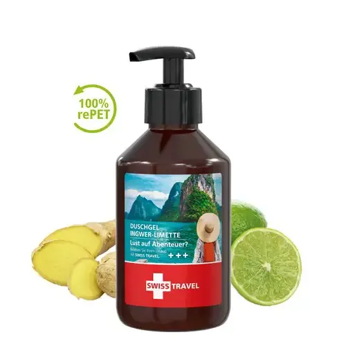 Duschgel Ingwer-Limette 250ml im Pumpspender inklusive Digitaldruck auf dem Etikett als Werbeartikel mit Logo