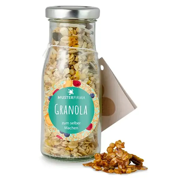 DIY Flasche Granola zum Selbermachen in Glasflasche mit Etikett inklusive Digitaldruck als Werbeartikel mit Logo