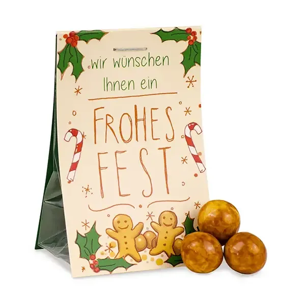 Knusperkugeln mit Spekulatiusummantelung, verpackt in Beutel mit Karton-Werbereiter inklusive Digitaldruck als Giveaway