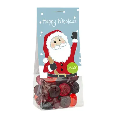 Naschbeutel Happy Nikolaus (vegan) Naschbeutel Happy Nikolaus - Vegane Fruchtgummi Waldbeeren, verpackt in Beutel mit Karton-Werbereiter inklusive Digitaldruck
