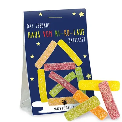 Naschtasche Haus vom Ni-ko-laus - Fruchtgummi Stäbchen, verpackt in Beutel mit Karton-Werbereiter inklusive Digitaldruck