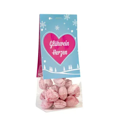  Glühweinbonbons in Herzform (ohne Alkohol) in Beutel mit Werbekarte inklusive Digitaldruck als Giveaway mit Logo