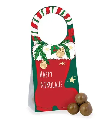 Türanhänger Nikolaus - Kekskugeln mit Spekulatiusschokolade, verpackt im Beutel mit Karton-Werbereiter inklusive Digitaldruck