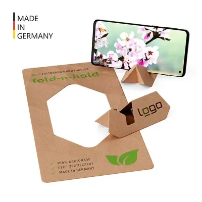FSC®-zertifizierter Handyständer fold-n-hold® mit Trägerkarte DIN lang inklusive Digitaldruck als Giveaway mit Logo