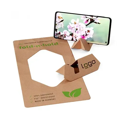 FSC®-zertifizierter Handyständer fold-n-hold® mit Trägerkarte DIN lang inklusive Digitaldruck als Giveaway mit Logo