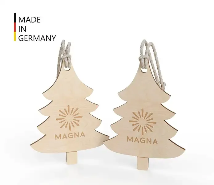 Weihnachtsbaumanhänger Tannenbaum aus Holz mit Lasergravur oder Digitaldruck als Werbeartikel mit Logo