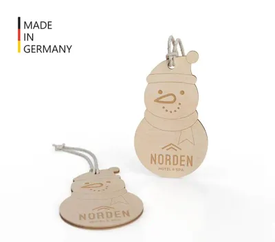 Weihnachtsbaumanhänger Schneemann aus Holz mit Lasergravur oder Digitaldruck als Werbeartikel mit Logo
