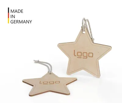 Weihnachtsbaumanhänger Stern aus Holz mit Lasergravur oder Digitaldruck als Werbeartikel mit Logo