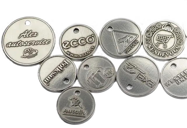 Metall Einkaufswagen-Chip mit Schlüsselring und Karabiner inklusive Prägung als Giveaway mit Logo 