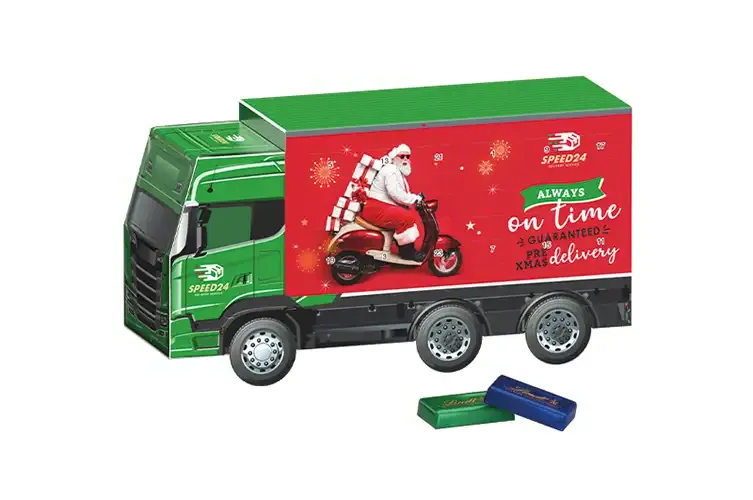 FSC®-zertifizierter Adventskalender LKW inklusive Digitaldruck deines Designs als Weihnachtsgeschenk mit Logo
