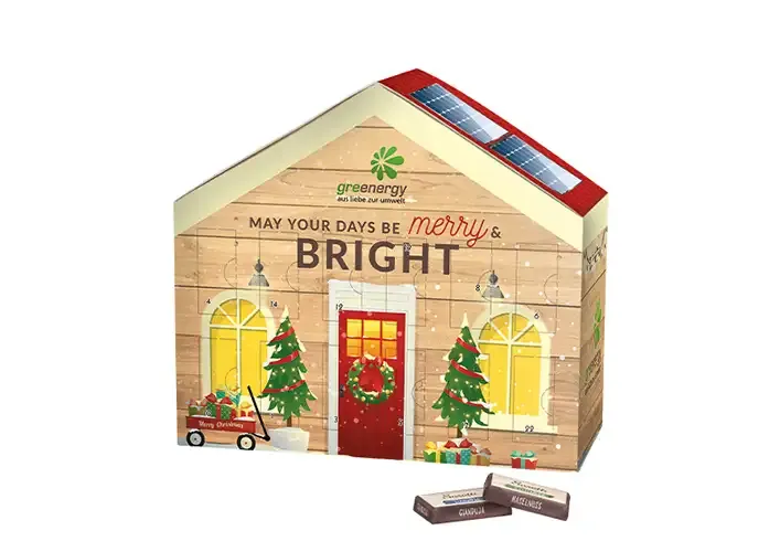 FSC®-zertifizierter Adventskalender Haus inklusive Druck auf dem Kalender als hochwertiges Mitarbeitergeschenk mit Logo