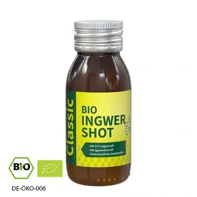 Bio Ingwer Shot 60ml inklusive Digitaldruck auf dem Etikett als Werbeartikel mit Logo