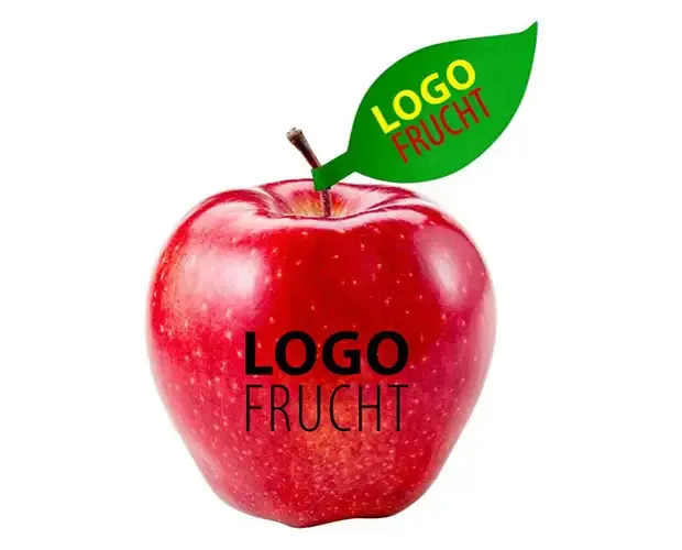 Logo Apfel rot bedruckt mit Lebensmittelfarbe mit bedrucktem Papier-Apfelblatt als Werbeartikel / Giveaway für Events