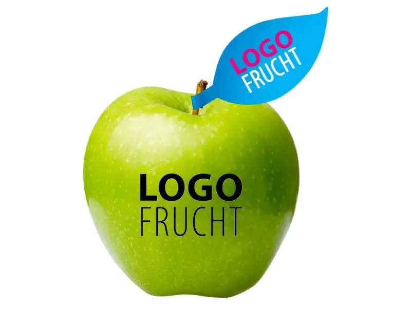 Logo Apfel grün mit Lebensmittelfarbe bedruckt mit Papier-Apfelblatt inklusive Digitaldruck als Giveaway auf Events