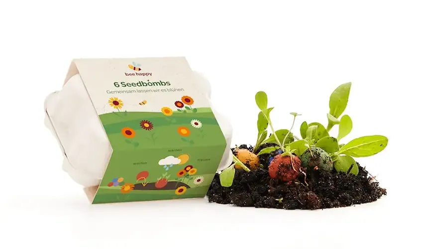 6 Bunte Seedbombs / Saatkugeln in Mini Eierkarton mit Logo als Werbemittel