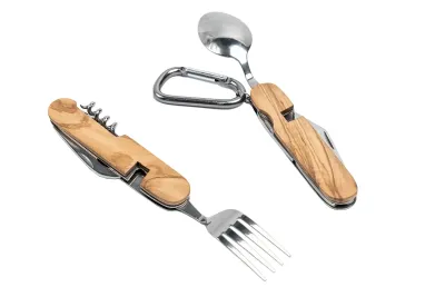 Outdoor Besteck mit Edelstahl und Olivenholz mit deinem Design als Werbeartikel mit Logo