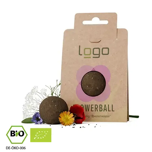 Bio-Seedbomb "Bienenwiese" in Kartonverpackung inklusive Digitaldruck als Werbeartikel mit Logo