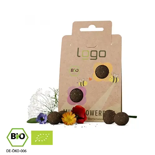Bio Mini Seedbombs "Bienenwiese" in Kartonverpackung inklusive Digitaldruck als Werbeartikel mit Logo