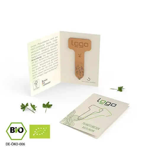 Bio Kräuter-Pflanzenstäbchen in Klappkarte mit Saat nach Wahl und inklusive Druck und Lasergravur als Werbeartikel mit Logo